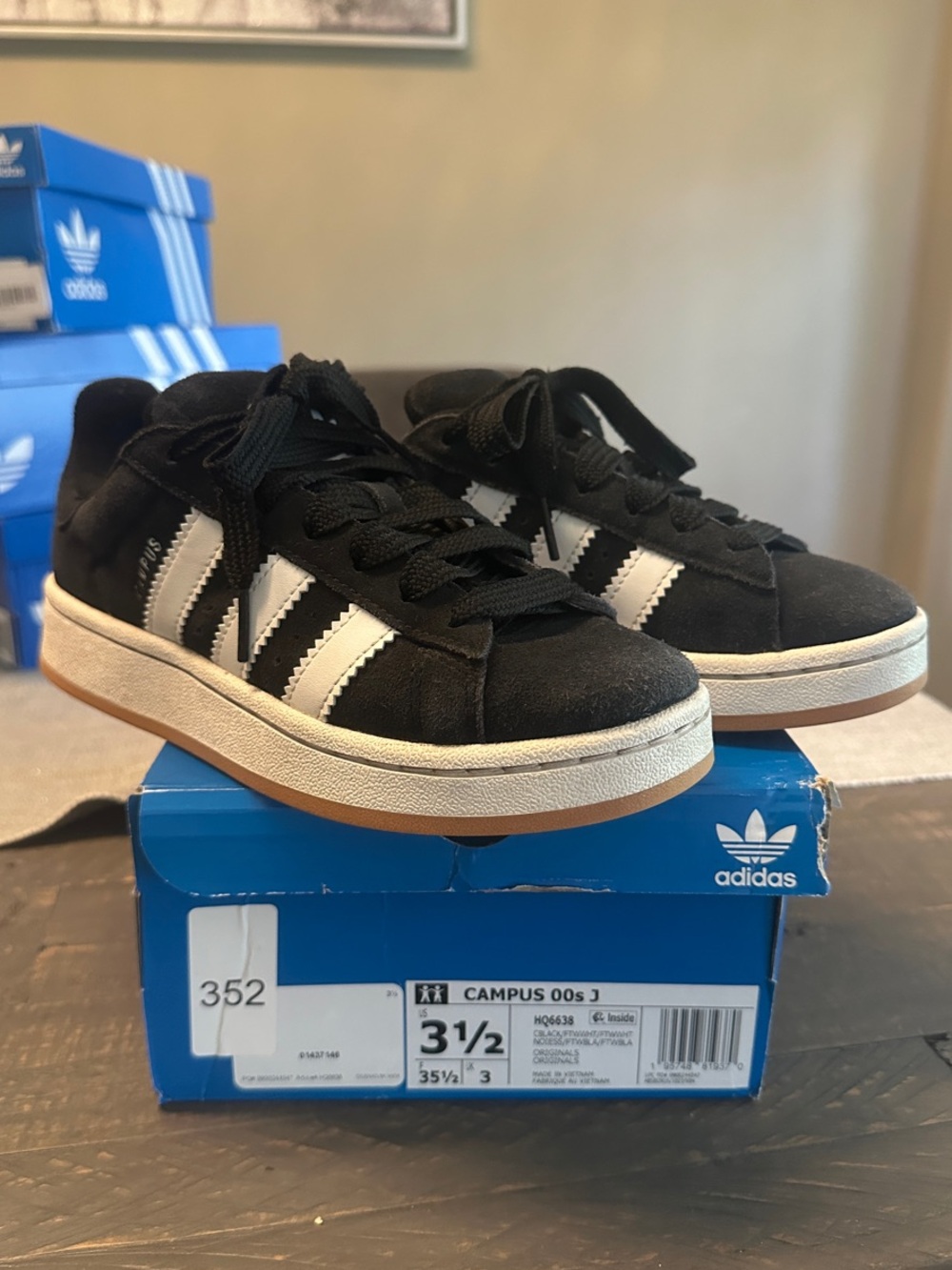 adidas Kids Black Suede Sneakers with White Stripes